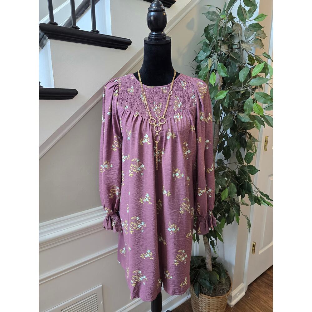 A New Day Babydoll Dress XS Purple Floral Smocked Balloon Sleeve Party/Cocktail - Picture 2 of 12